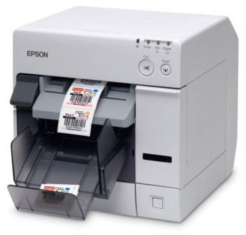 Epson. Colour label, ticket, tag and barcode printers. EPSON TM-C3400 roll fed colour label printer prints endless / continuous media, or die cut labels, colour tickets, or fanfold fed. Lowest price at barcode.co.uk